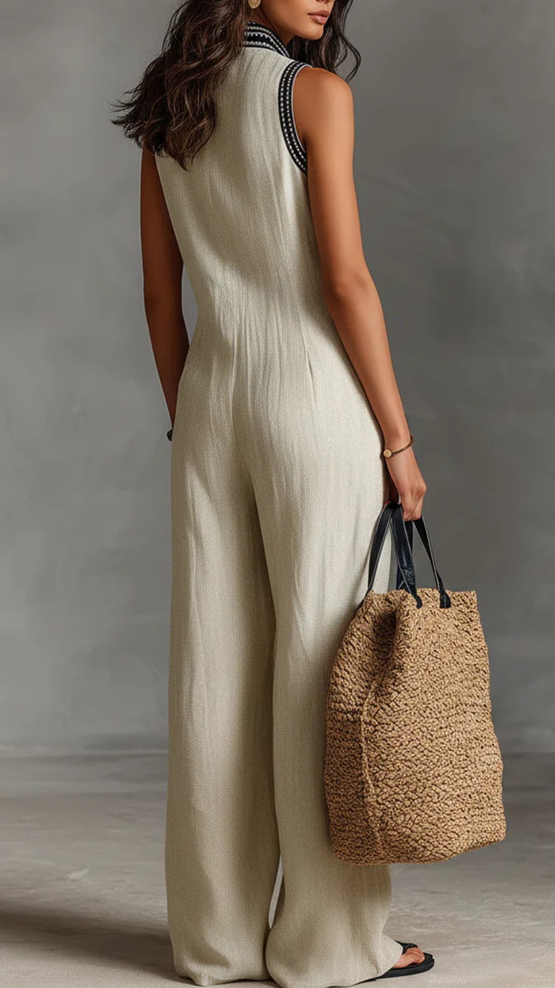 Embroidered Stand Collar Sleeveless Cotton Linen Wide-Leg Jumpsuit