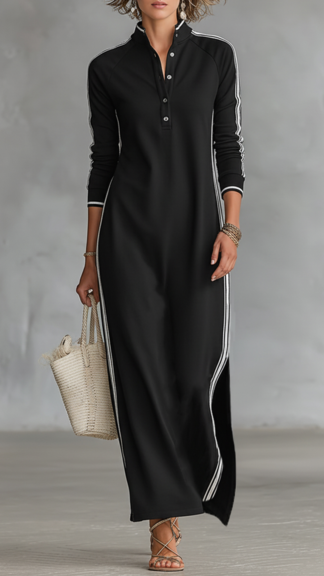 Women's Black and White Striped Sporty Stand-Collar Maxi Dress
