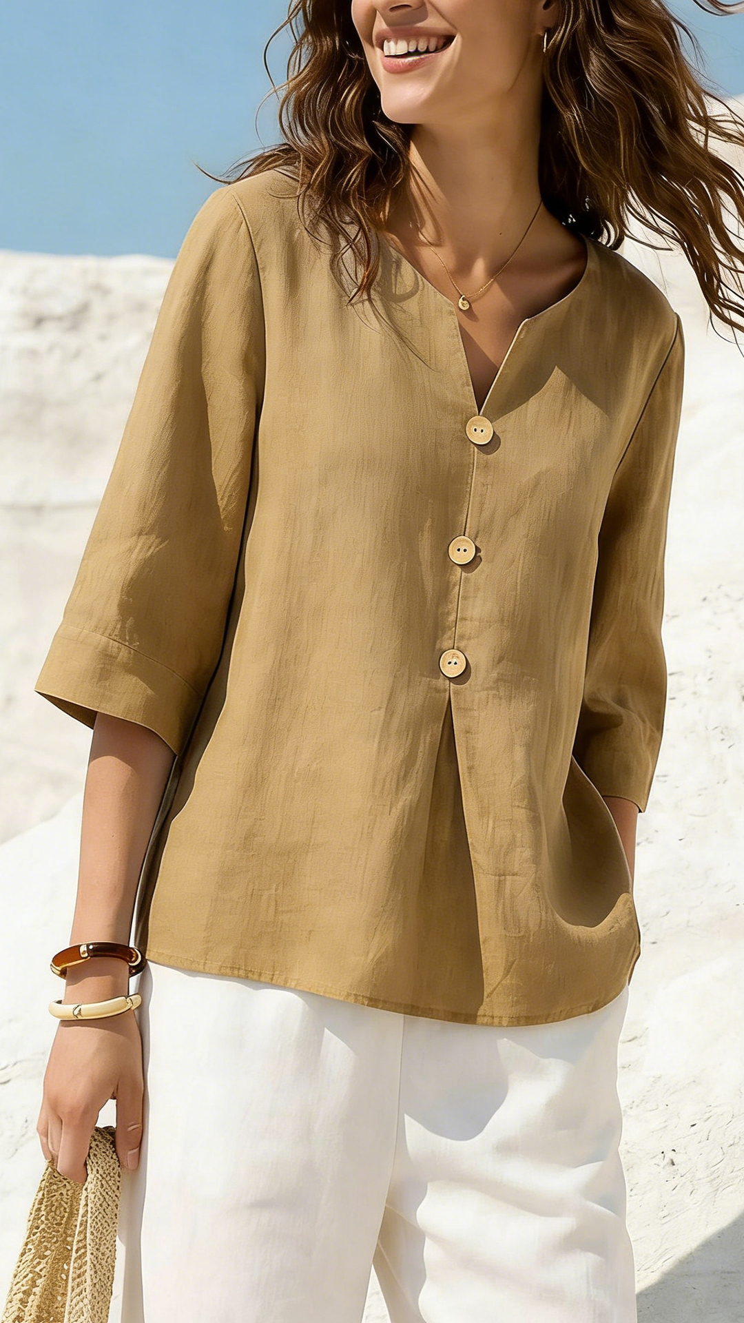 Women's Solid Color V-neck 3/4 Sleeve Casual Loose Cotton Linen Top