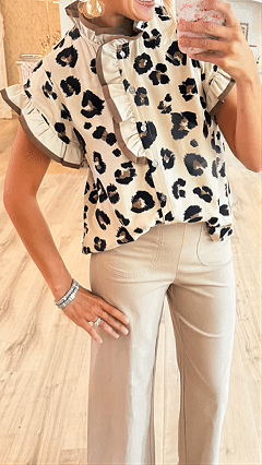 Women's  Leopard Patchwork Ruffled Edge Loose Short Sleeve Shirt