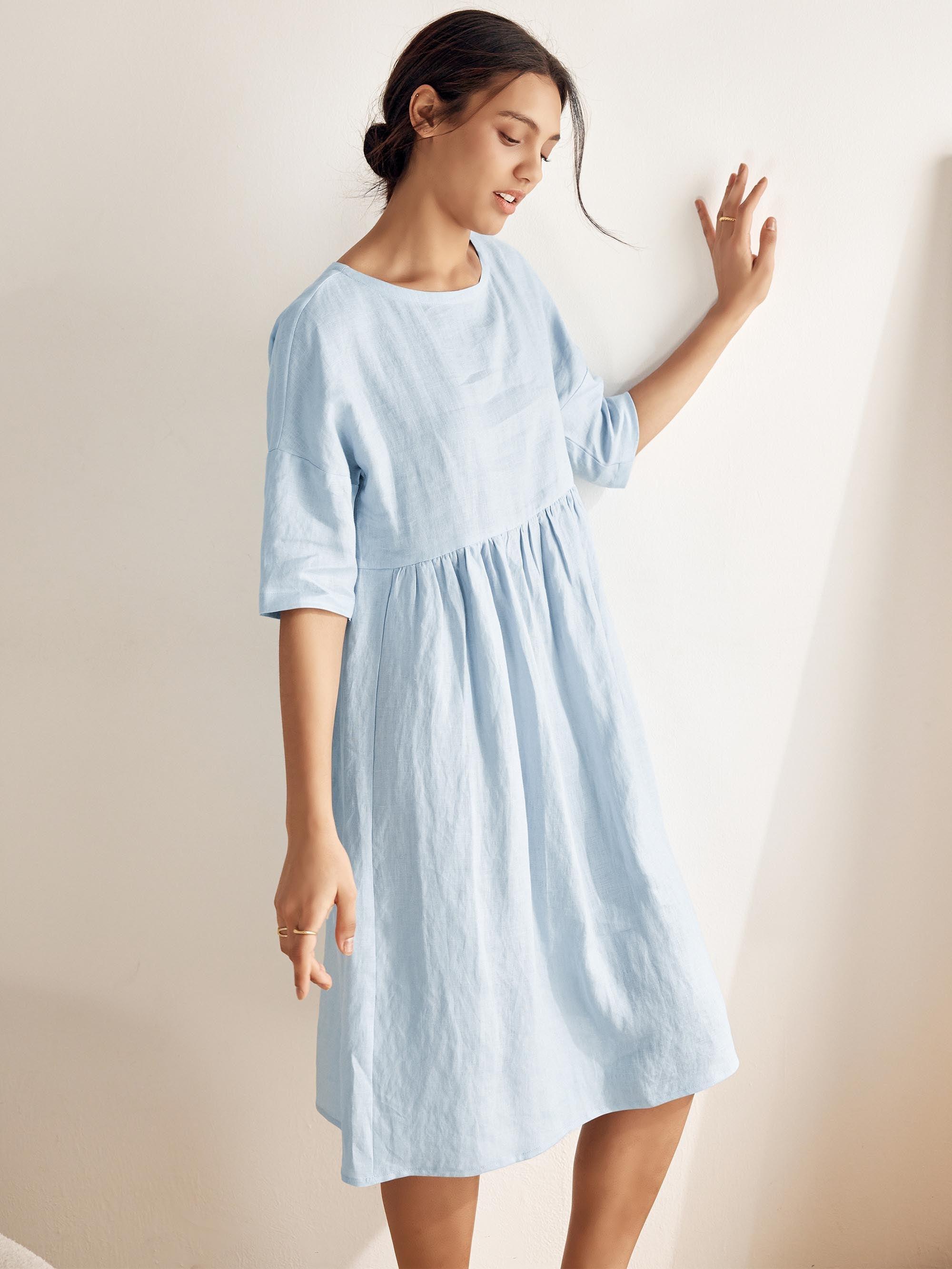Women's Cotton-Linen Casual Short-Sleeve Dress Loose Fit, Round Neck, Pockets, and Pleated Details