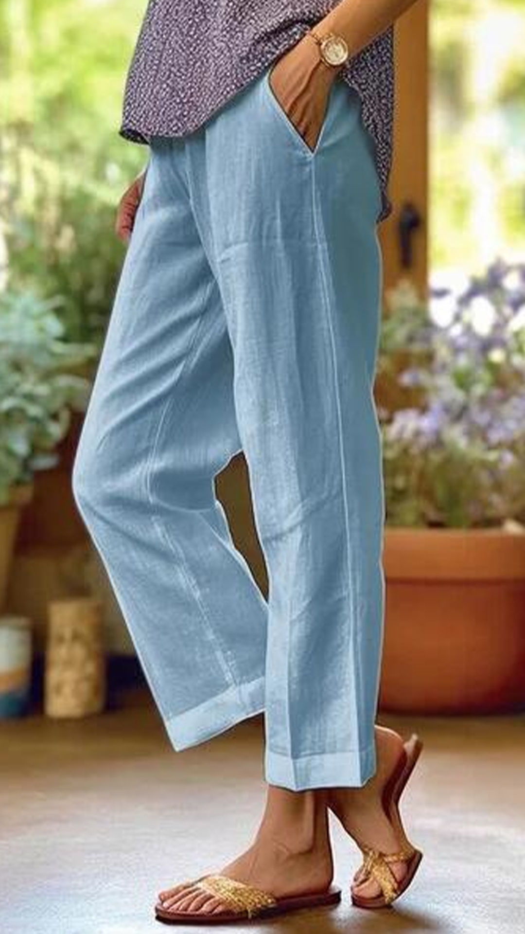 Women's Cotton-linen Solid Color Elastic Waist Pockets Straight Leg Loose-fit Casual Trousers