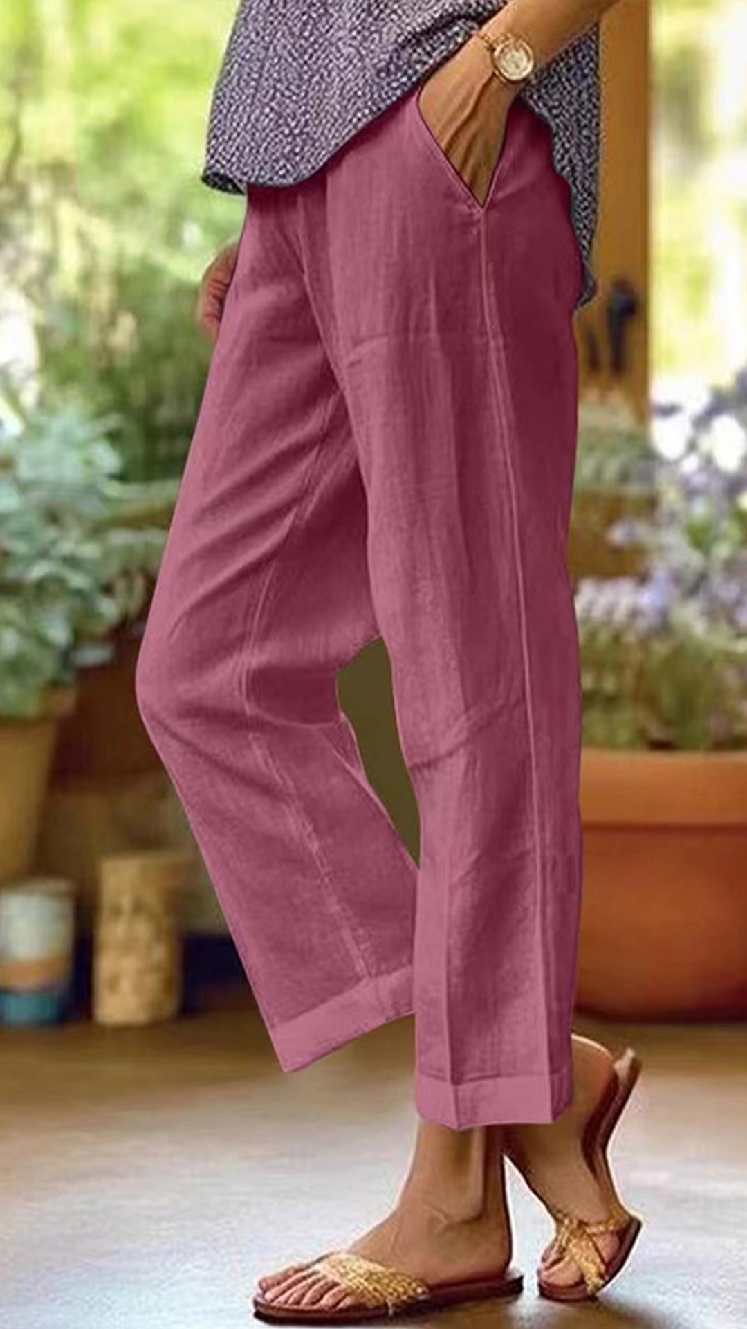 Women's Cotton-linen Solid Color Elastic Waist Pockets Straight Leg Loose-fit Casual Trousers