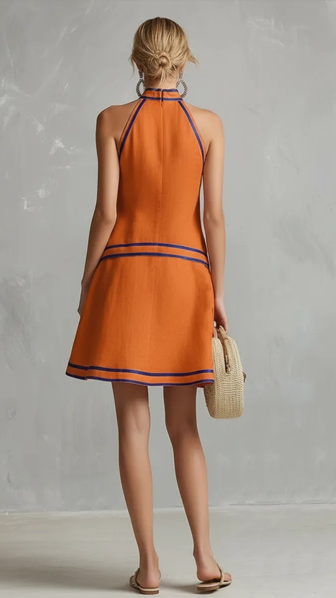 Women's Elegant Color-Block Piped Cotton-Linen Halter Sleeveless Mini Dress