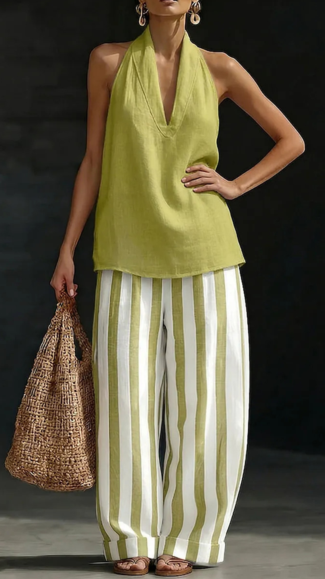 Women's Cotton Linen Halter Stripe Wide-Leg Set
