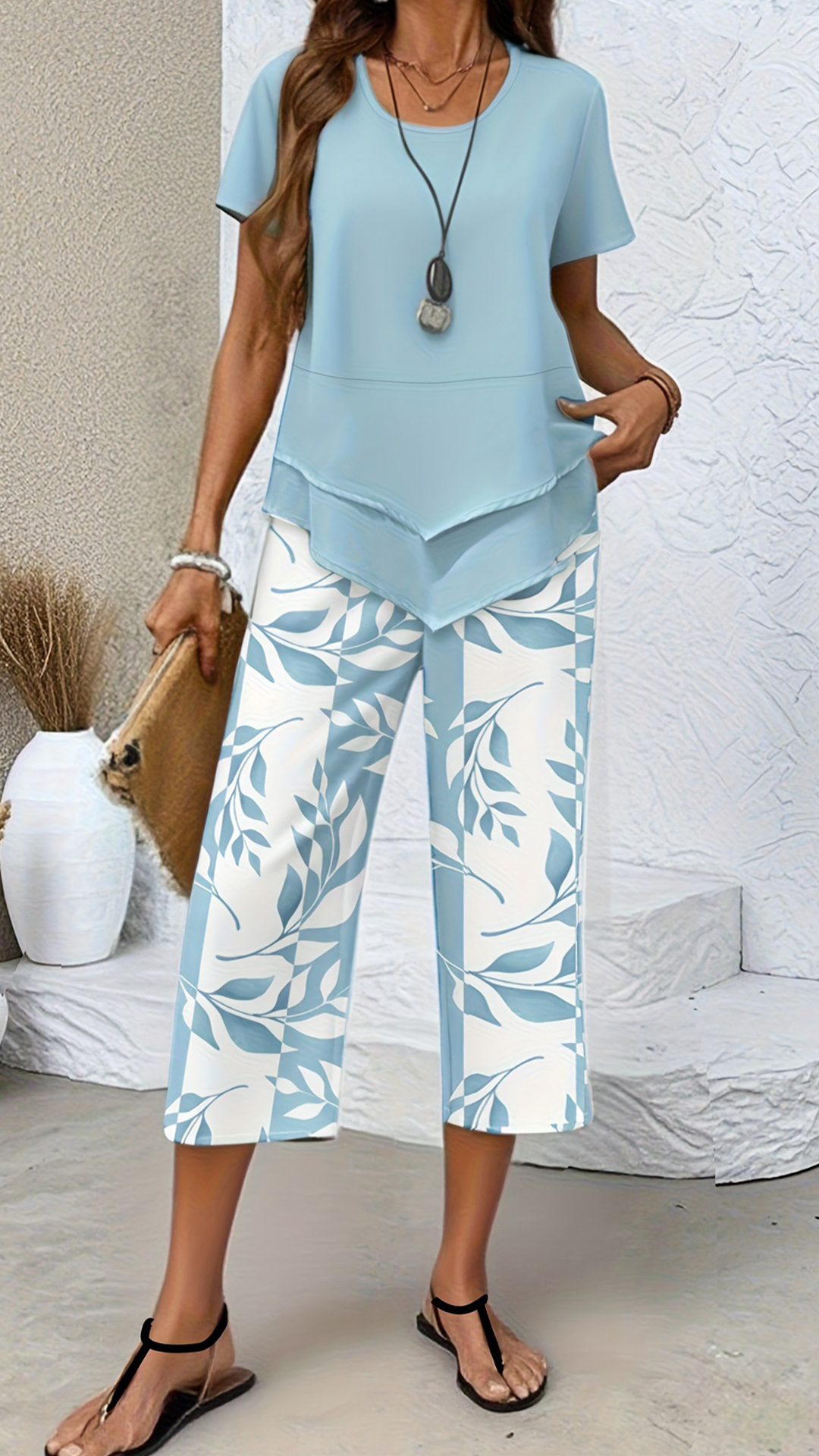 Women‘s Irregular Hem Printed Loose Short Sleeve Two-Piece Set