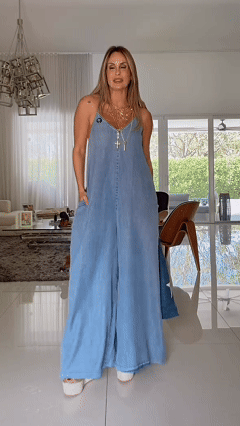 Women's V-Neck Spaghetti Strap Denim-Like Loose Wide Leg Polyester Jumpsuit