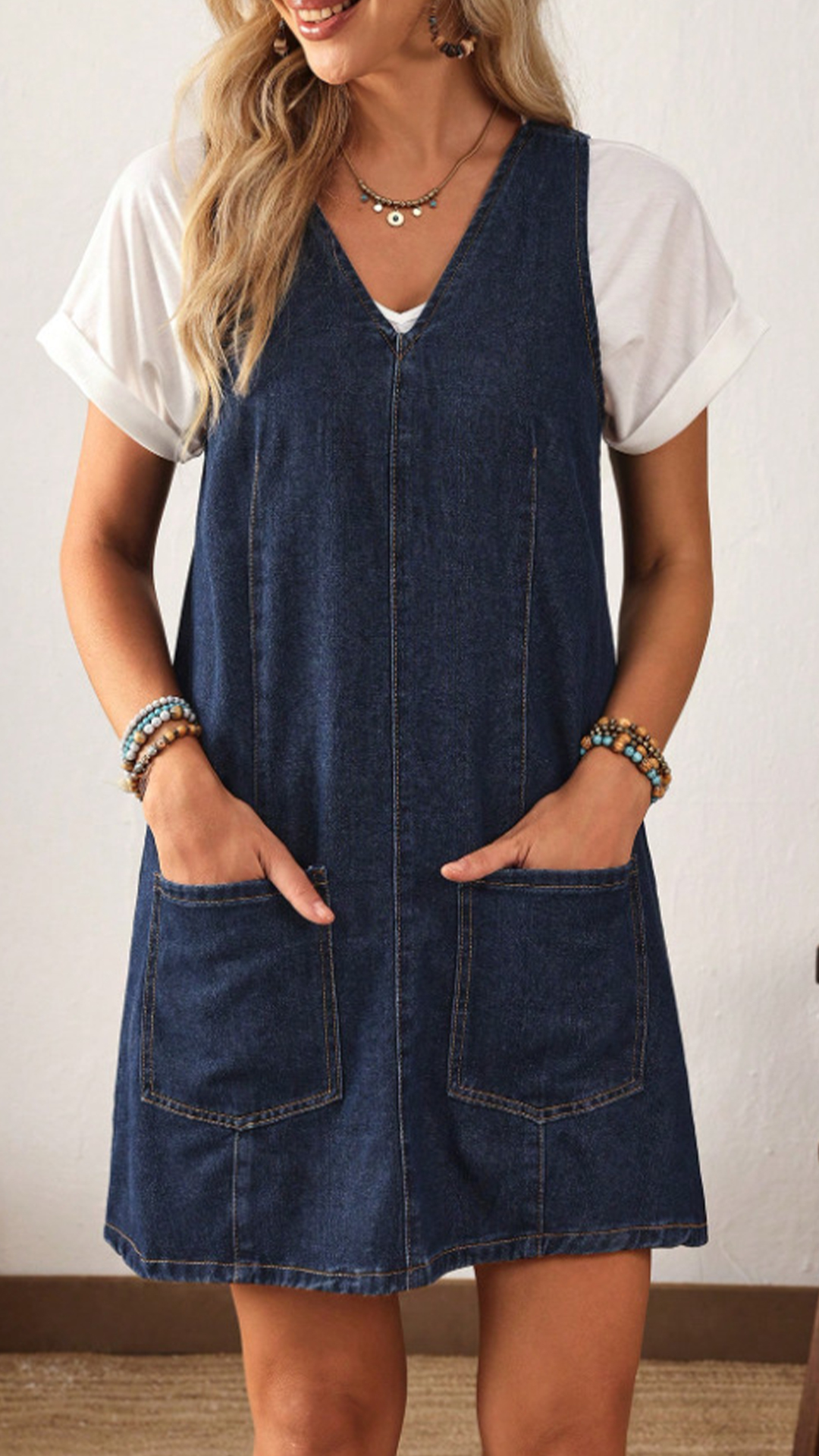 Women's Washed Denim V-Neck Short Dress with Double Pockets