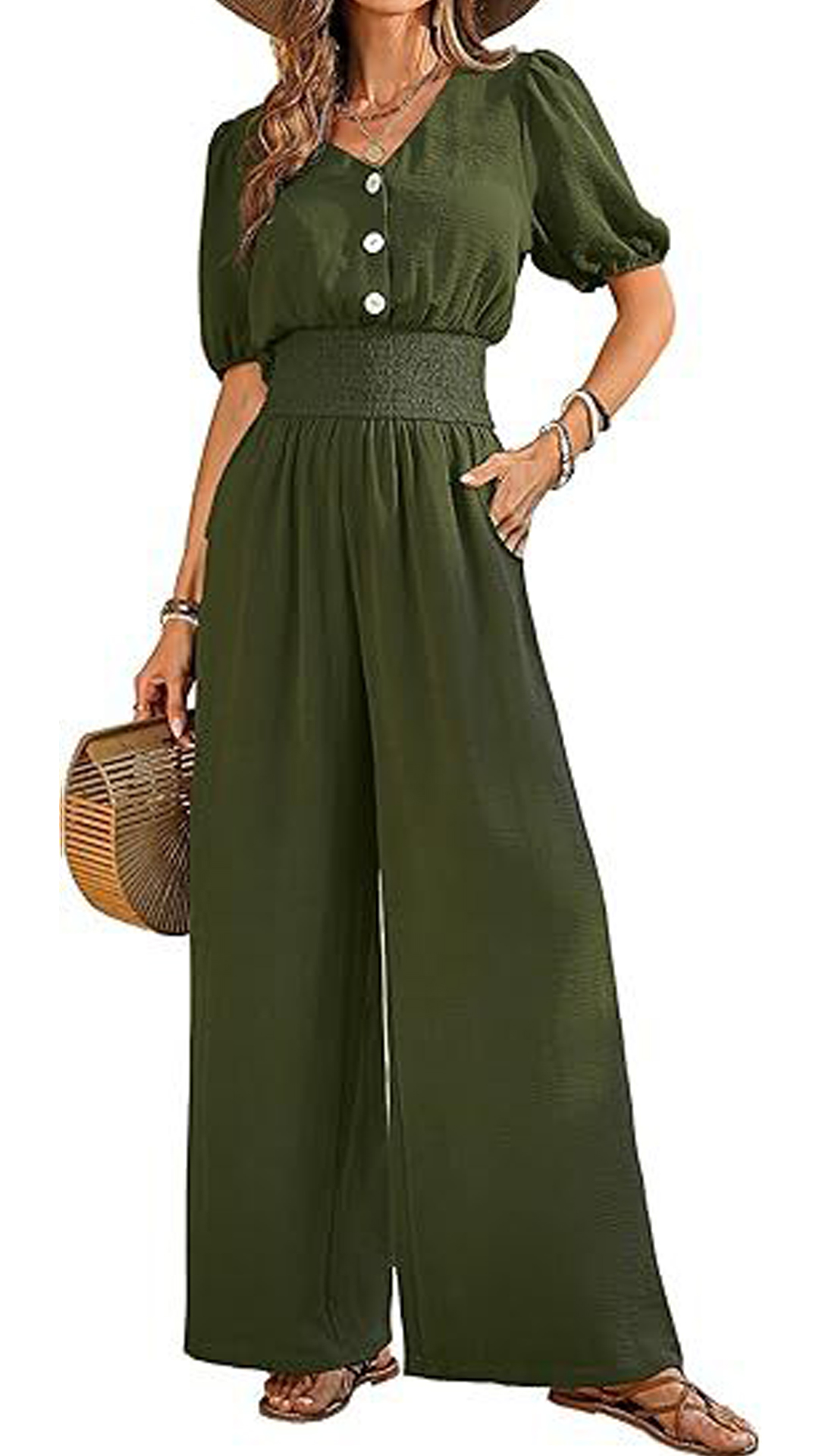 Women's V-Neck Jumpsuit with Puff Sleeves, Cinched Waist, and Wide Legs