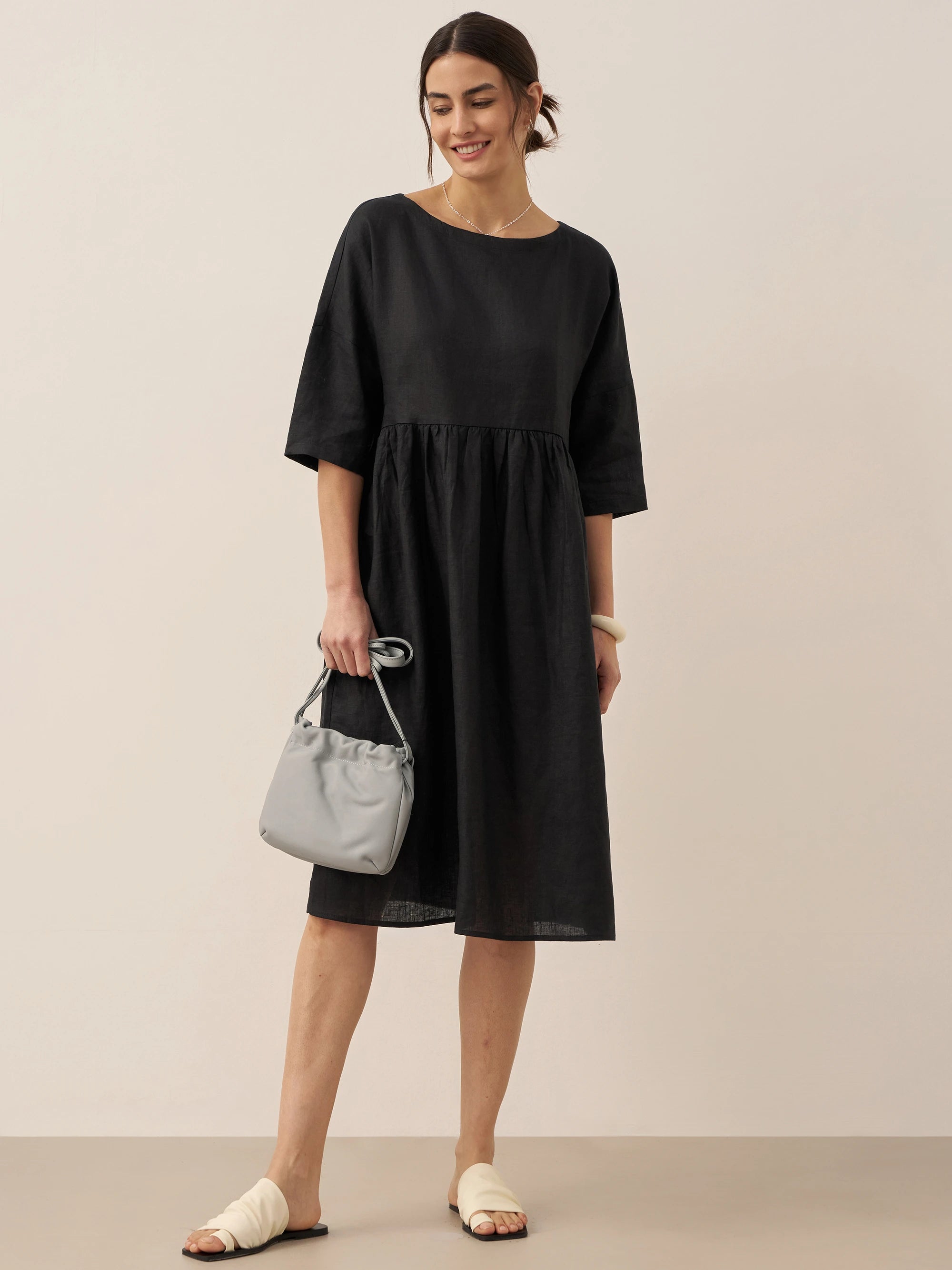 Women's Cotton-Linen Casual Short-Sleeve Dress Loose Fit, Round Neck, Pockets, and Pleated Details