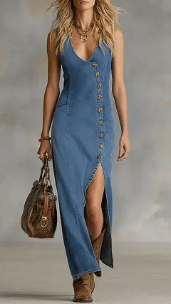 Women's everyday blue V-neck slit denim long dress with Western-style buttons
