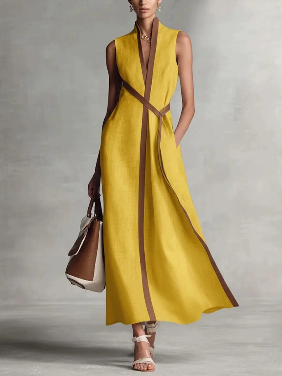 Daily White Colorblock Stand-Up Collar Pocket Boho Contrast Linen Maxi Dresses