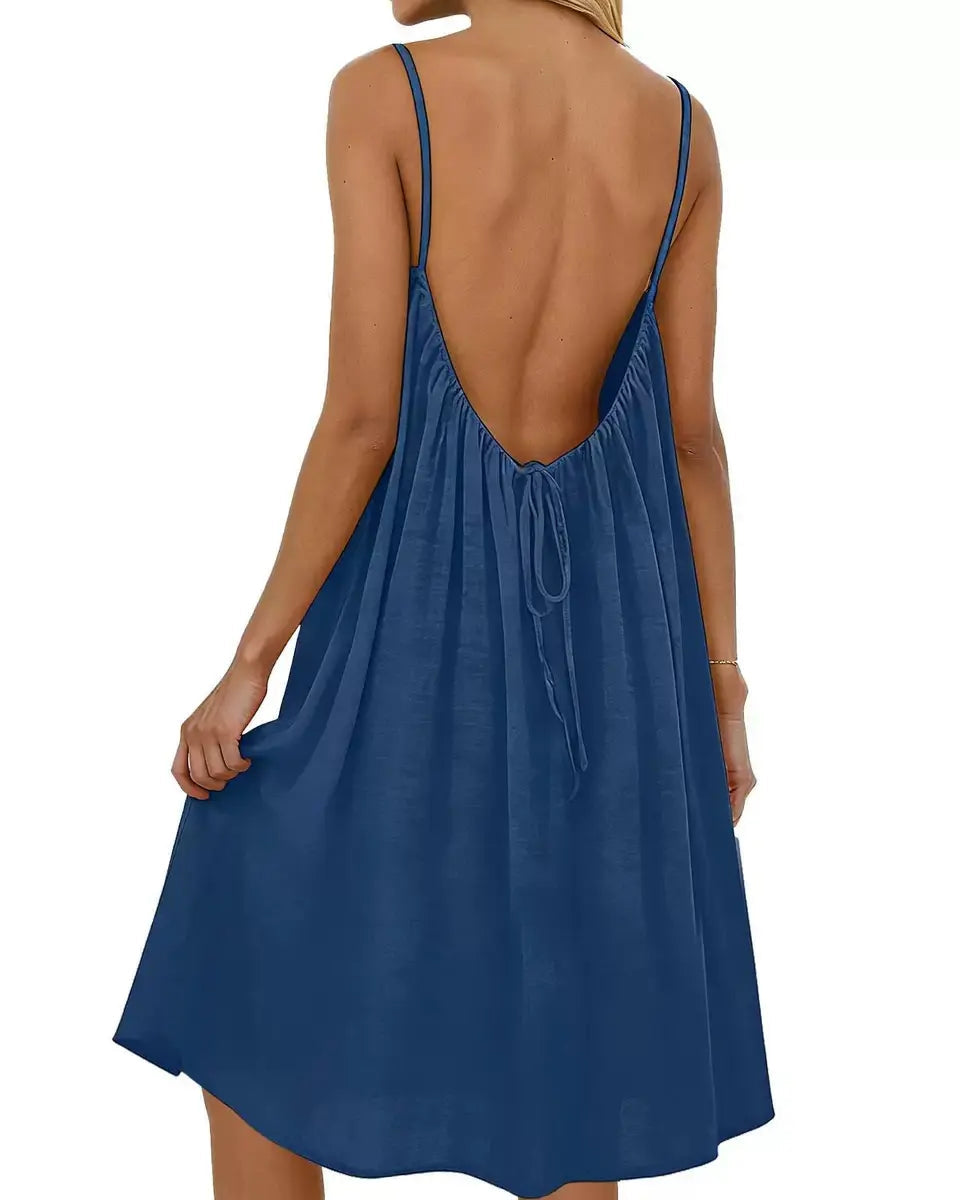 Women's Solid-Color Backless Spaghetti-Strap Knee-Length Dress