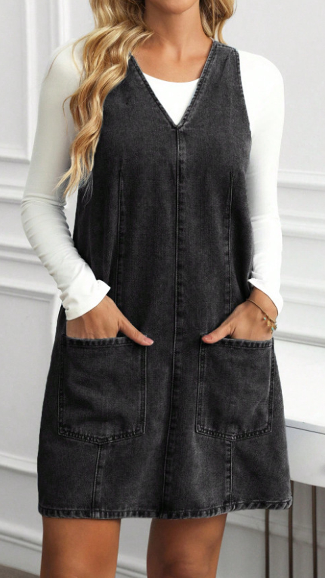 Women's Washed Denim V-Neck Short Dress with Double Pockets