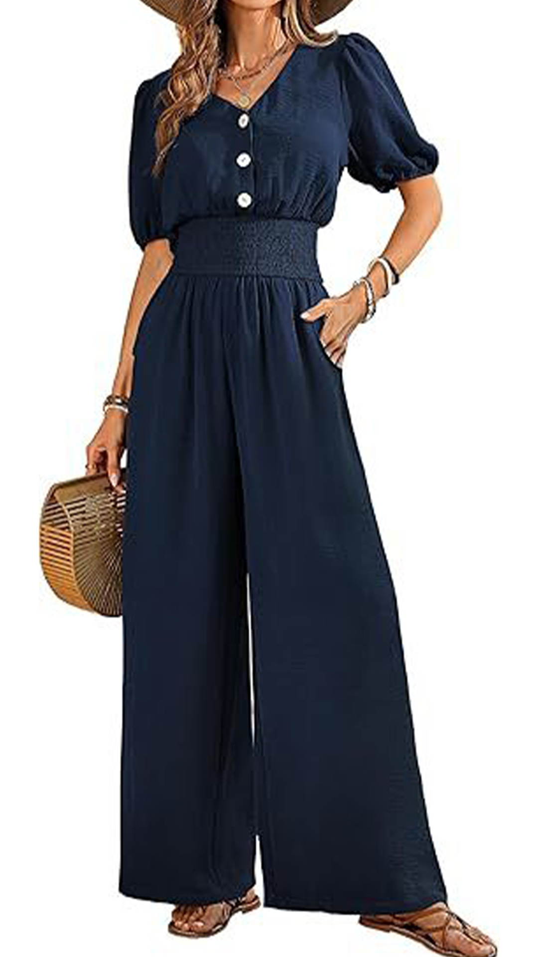 Women's V-Neck Jumpsuit with Puff Sleeves, Cinched Waist, and Wide Legs