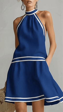 Women's Elegant Color-Block Piped Cotton-Linen Halter Sleeveless Mini Dress
