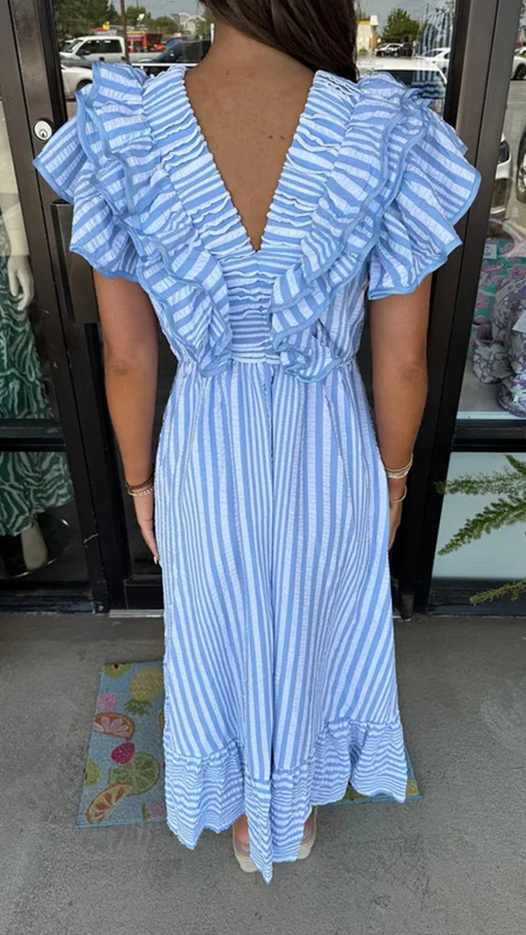 Women's Ruffled V-Neck Striped Loose Maxi Dress