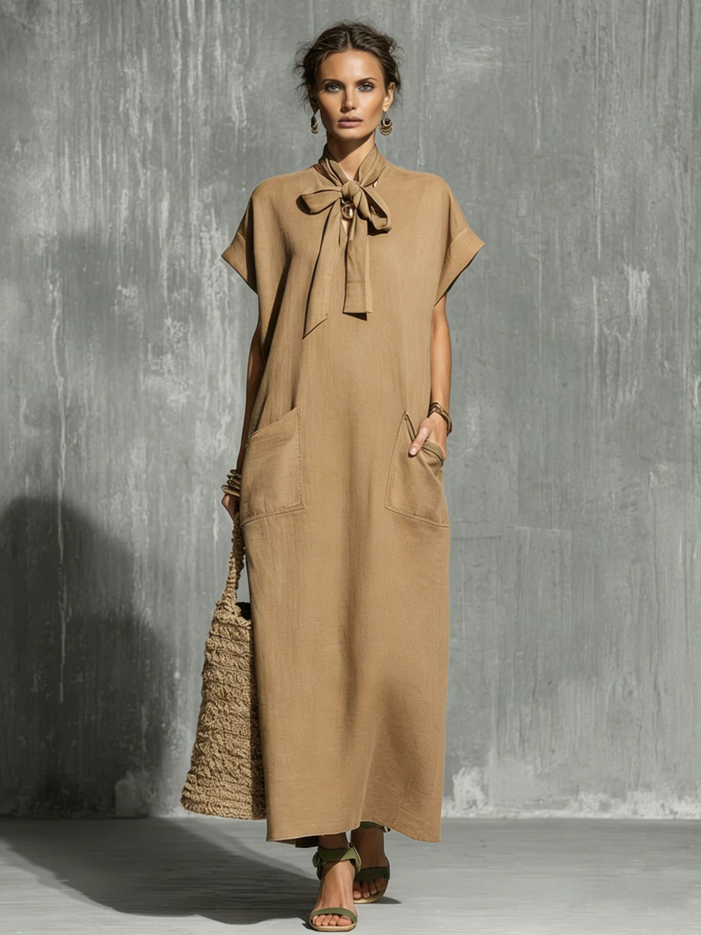 Women's Solid-color V-neck Short-sleeve Casual Loose Cotton-linen Dress