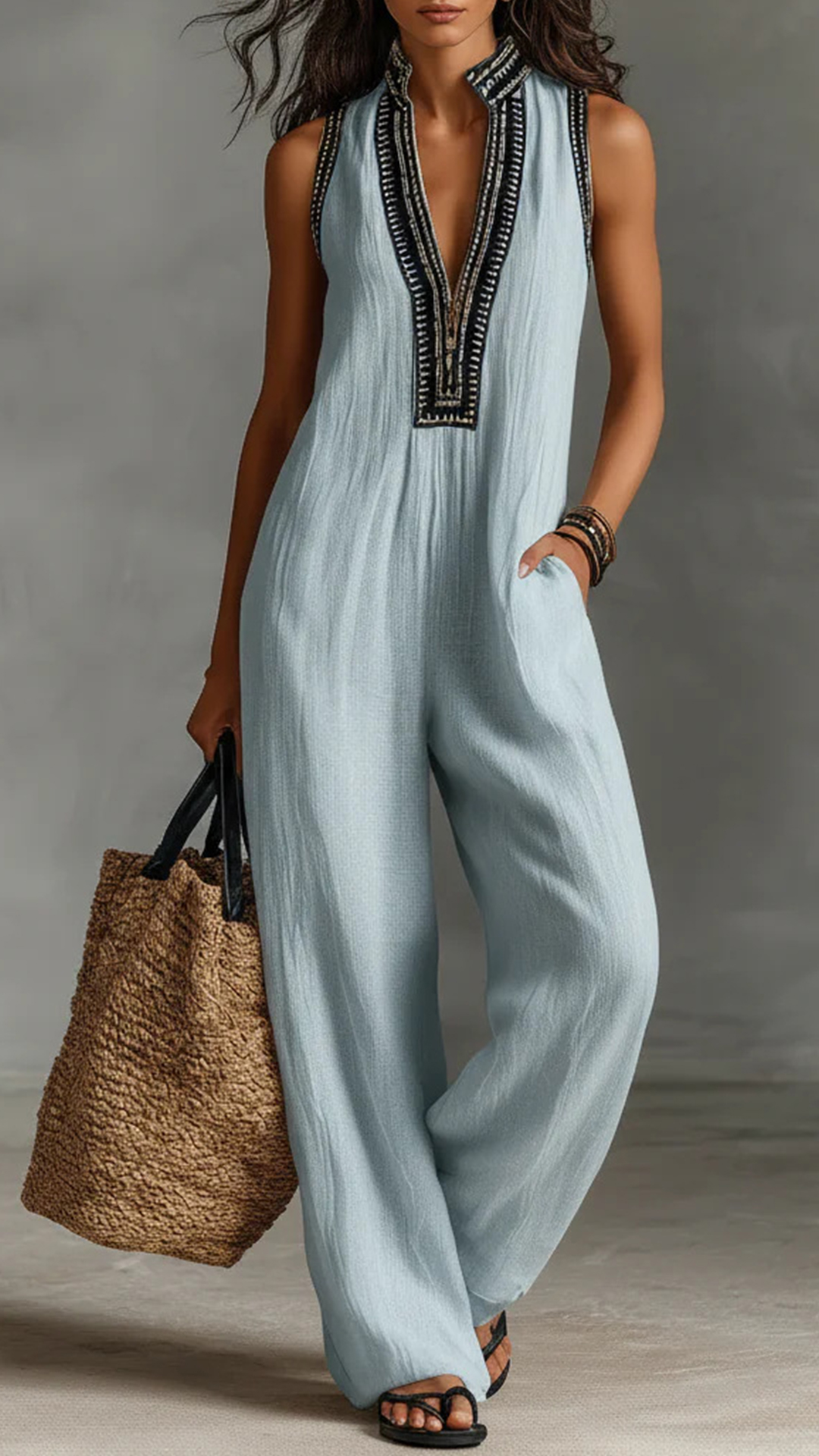 Embroidered Stand Collar Sleeveless Cotton Linen Wide-Leg Jumpsuit