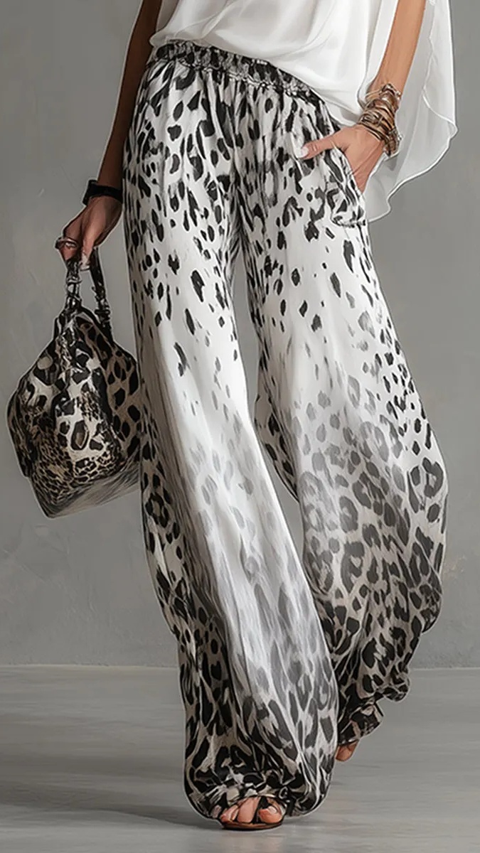 Women's Fashion Two-Piece Set: White T-Shirt & Leopard Print Chiffon Pants