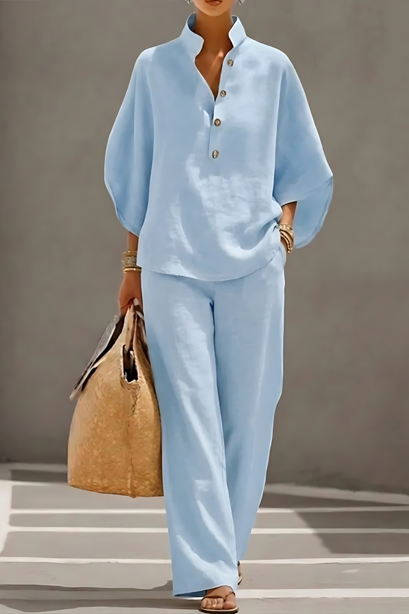 Women’s Batwing Sleeve Linen Cotton Two-Piece Set – Casual Shirt & Wide Leg Pants Outfit