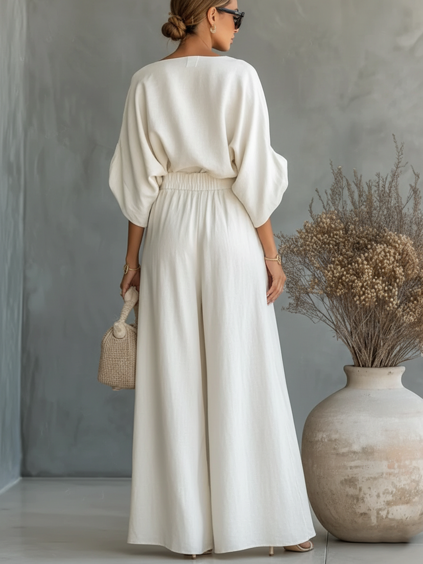 Women's Elegant Off-Shoulder Shirt and Wide-Leg Pants Two-Piece Set