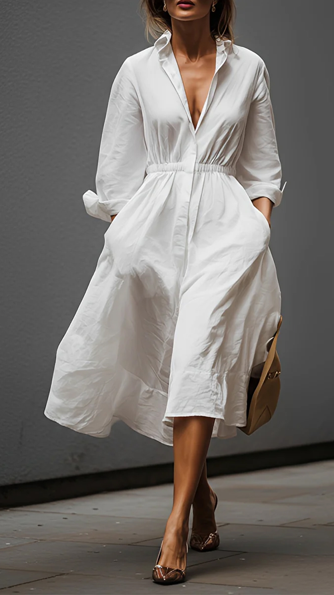 Independent Amazon Women'S White Shirt Collar Elastic Waist Dress Classic Simple Fashion Style Dress