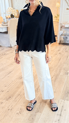 Women's  Scalloped Edge V-Neck Loose Lapel 3/4 Sleeve Blouse