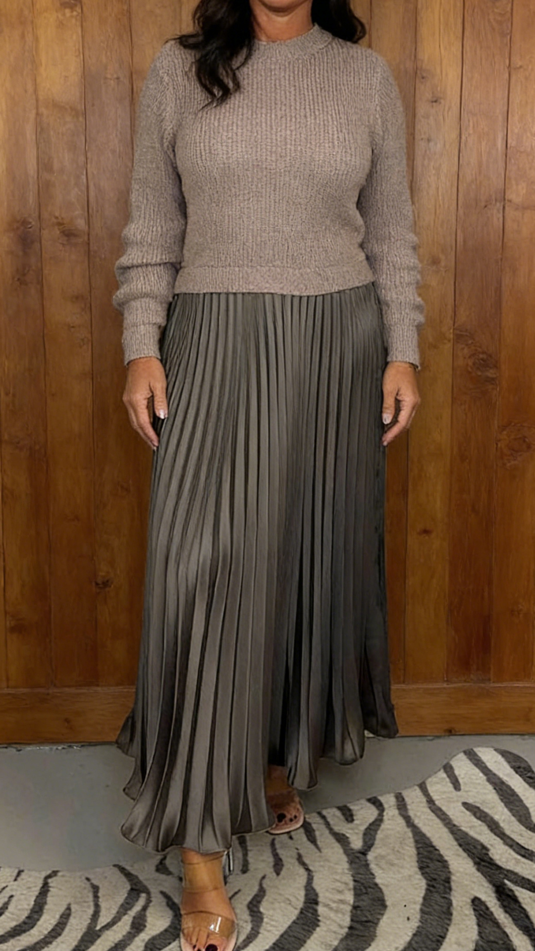 Stylish Knitted Round Neck Long Sleeve Patchwork Pleated Hem Maxi Dress