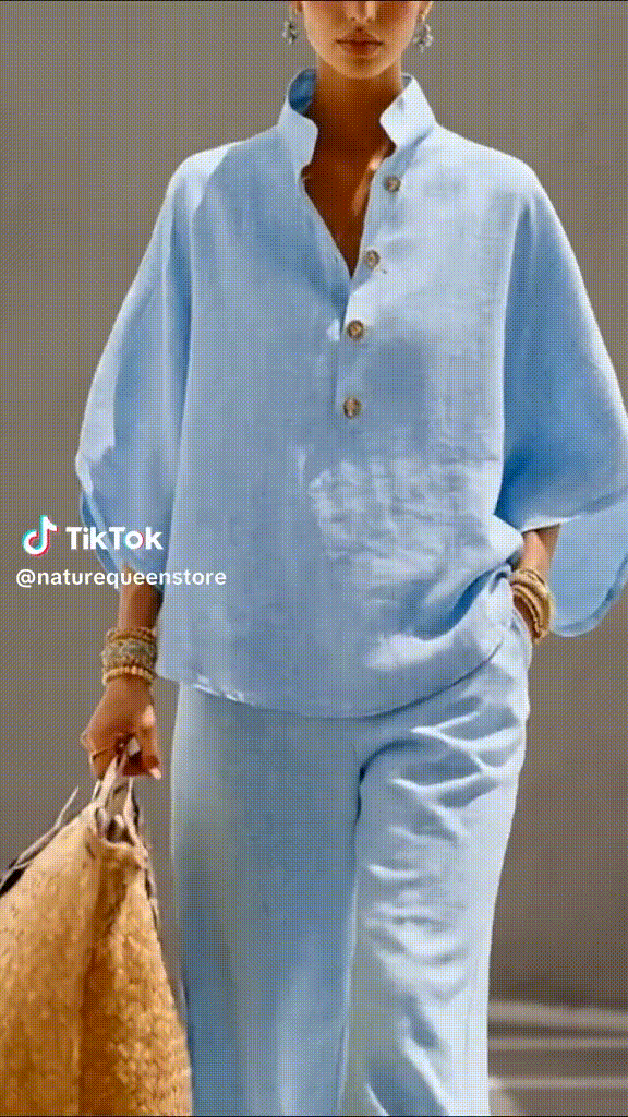 Women’s Batwing Sleeve Linen Cotton Two-Piece Set – Casual Shirt & Wide Leg Pants Outfit