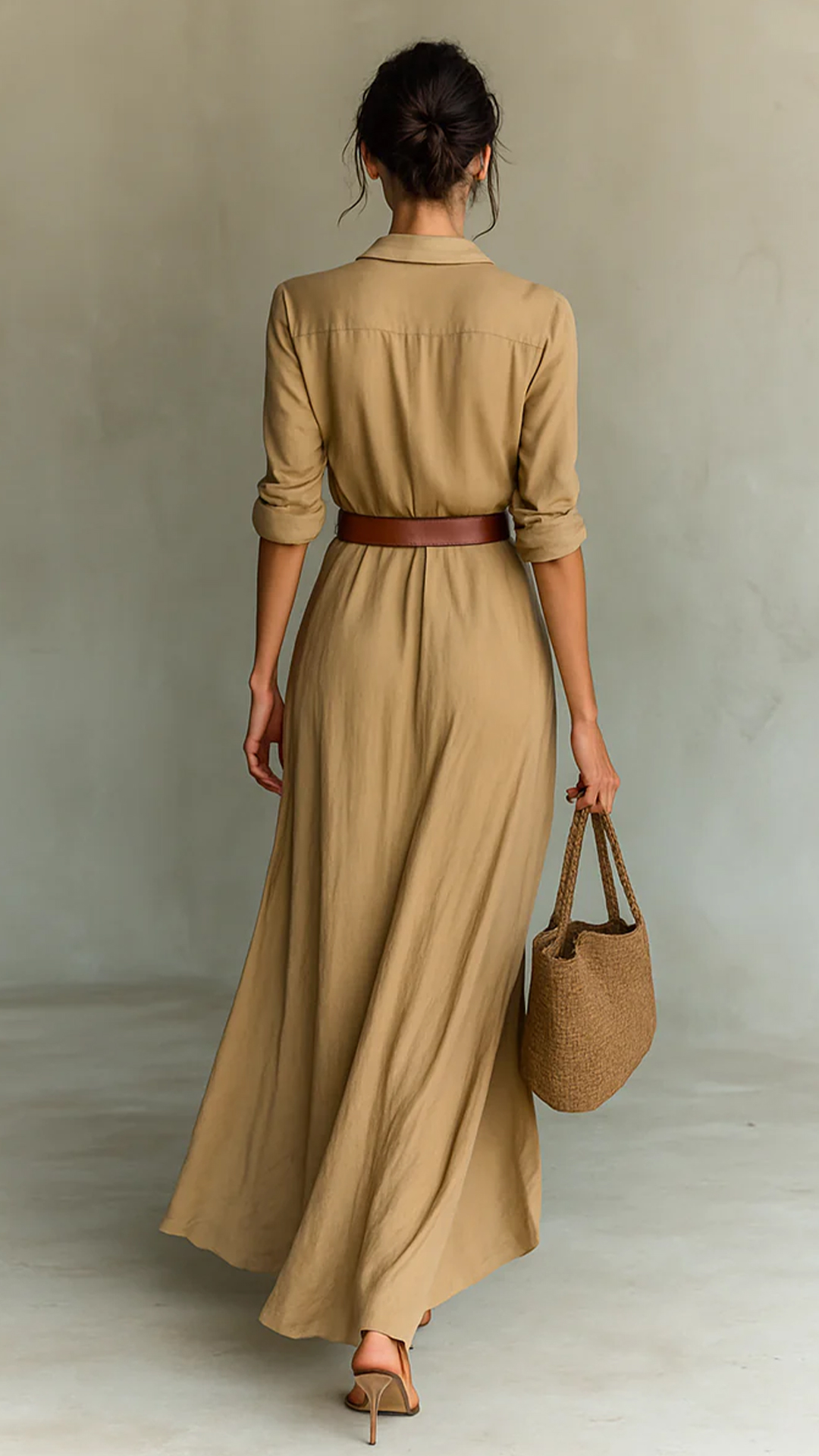 Ladies Lapel Single Breasted Long Sleeve Belted Maxi Dress MDA1500G4Y