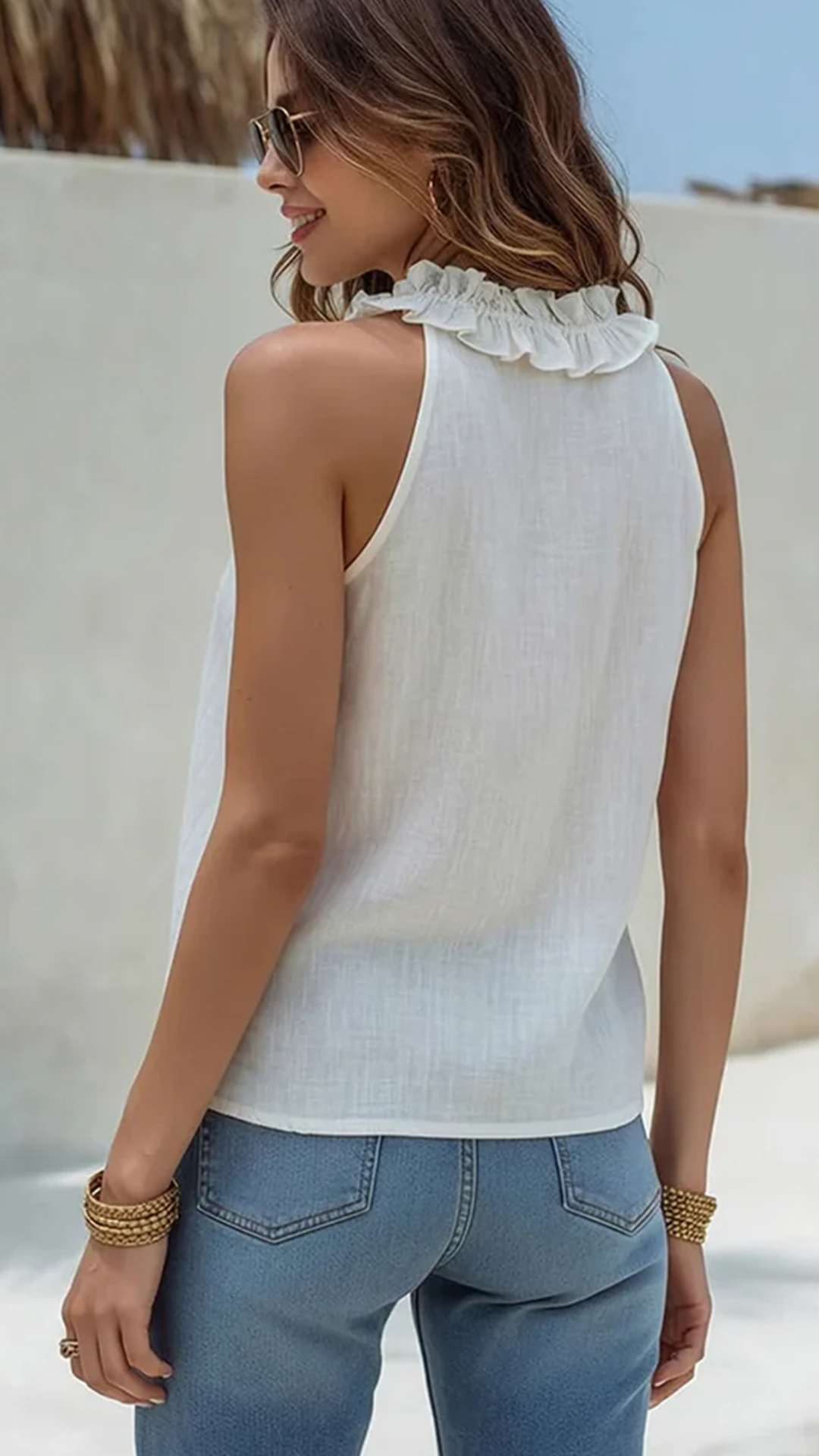 Stylish Ruffled-collar Sleeveless Linen And Cotton Top