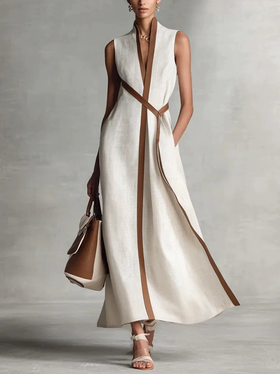 Daily White Colorblock Stand-Up Collar Pocket Boho Contrast Linen Maxi Dresses