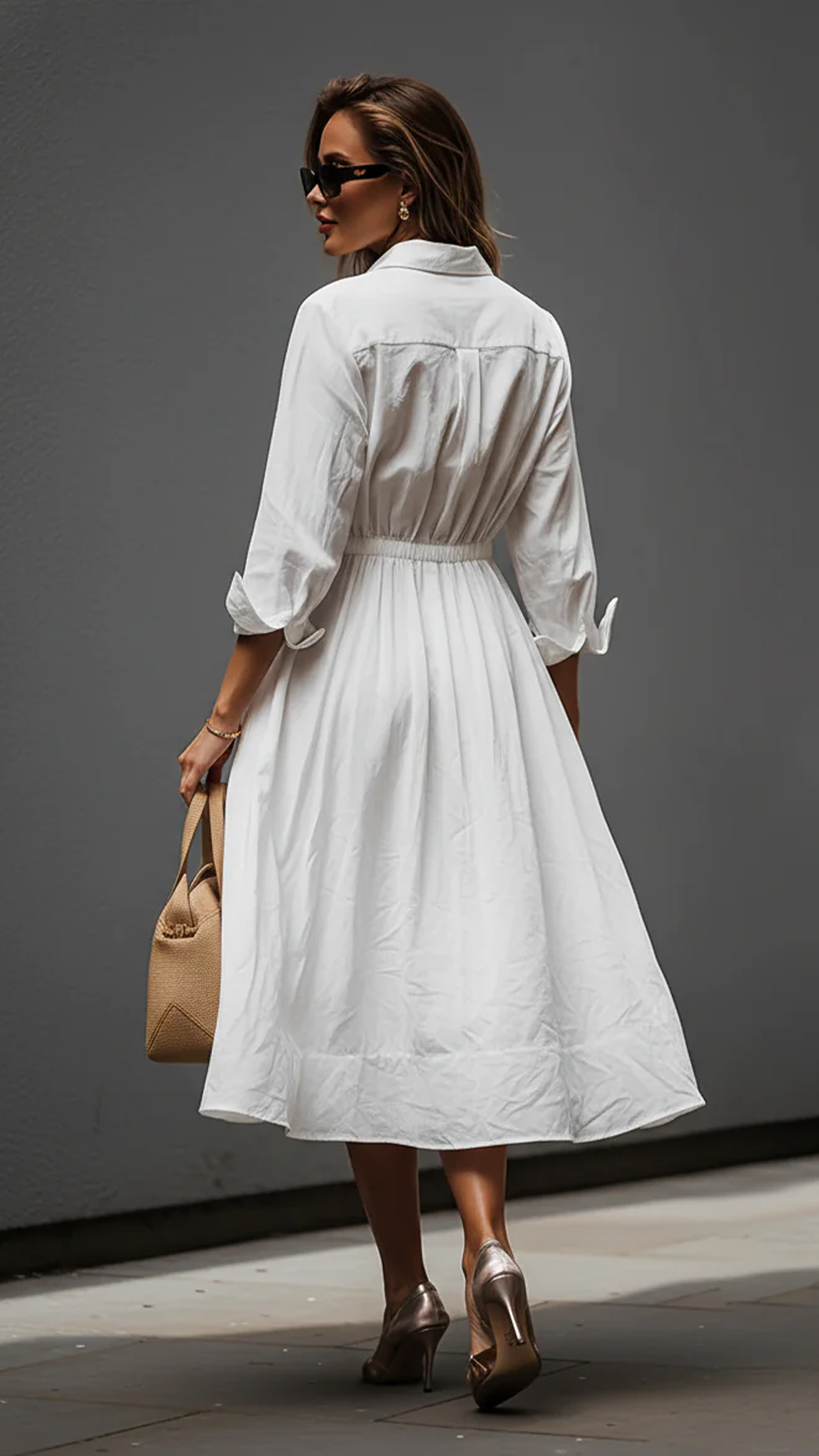 Independent Amazon Women'S White Shirt Collar Elastic Waist Dress Classic Simple Fashion Style Dress