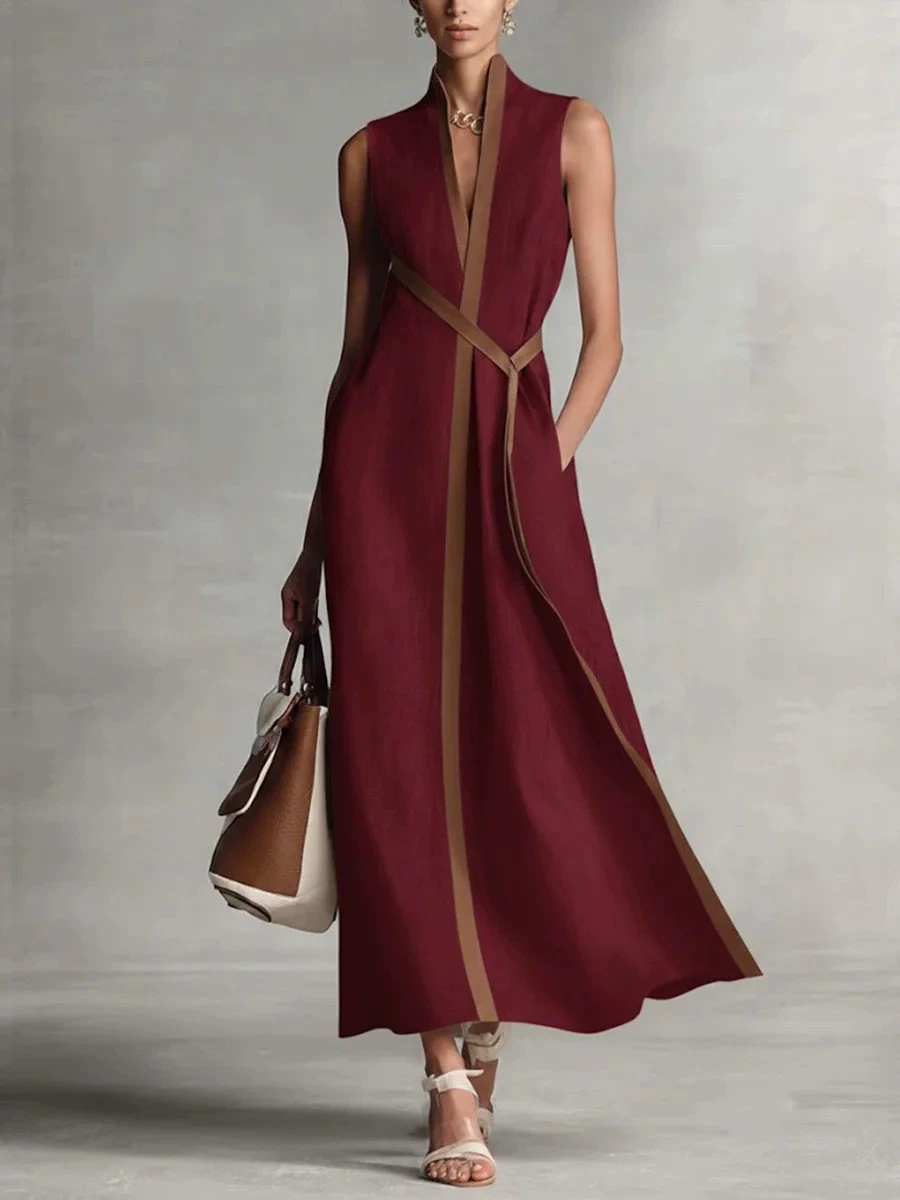 Daily White Colorblock Stand-Up Collar Pocket Boho Contrast Linen Maxi Dresses