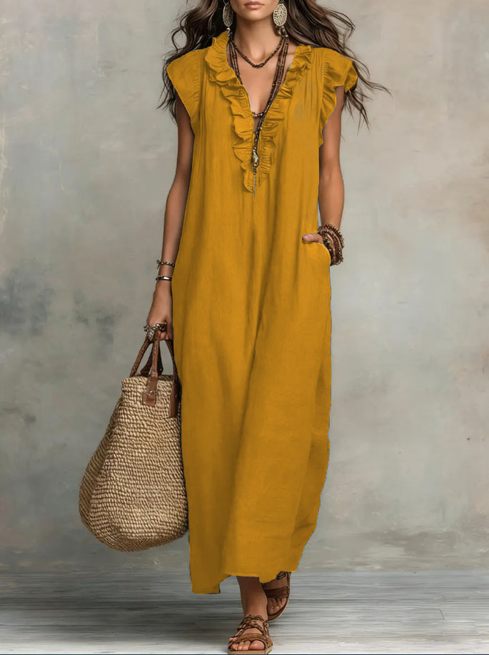 [Copy]"Effortless Chic" Style V-Neck Button-Front Cotton-Linen Maxi Dress — Sleeveless Tank Dress