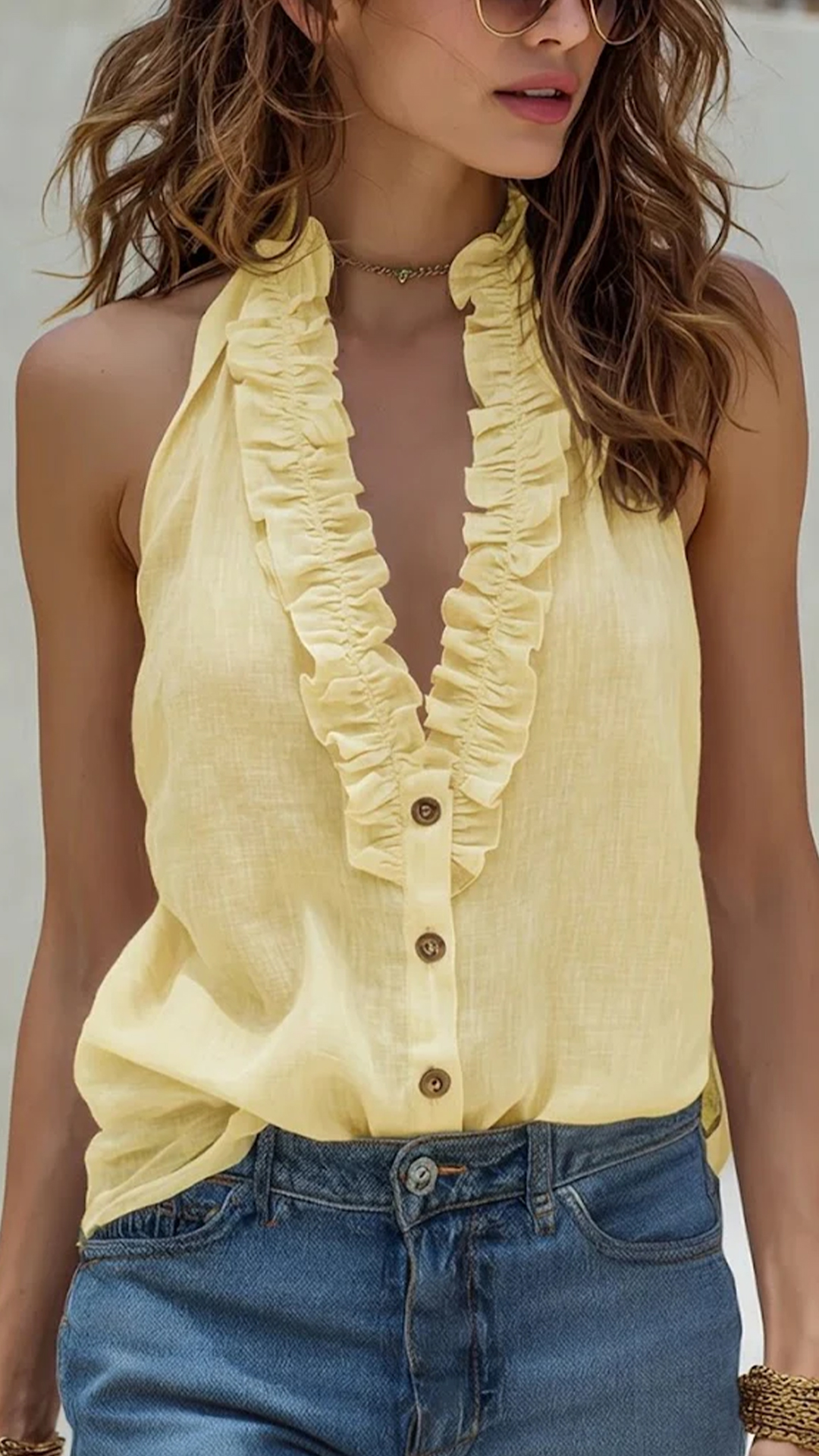 Stylish Ruffled-collar Sleeveless Linen And Cotton Top