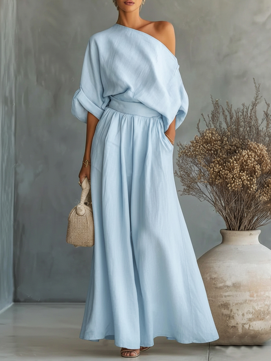 Women's Elegant Off-Shoulder Shirt and Wide-Leg Pants Two-Piece Set