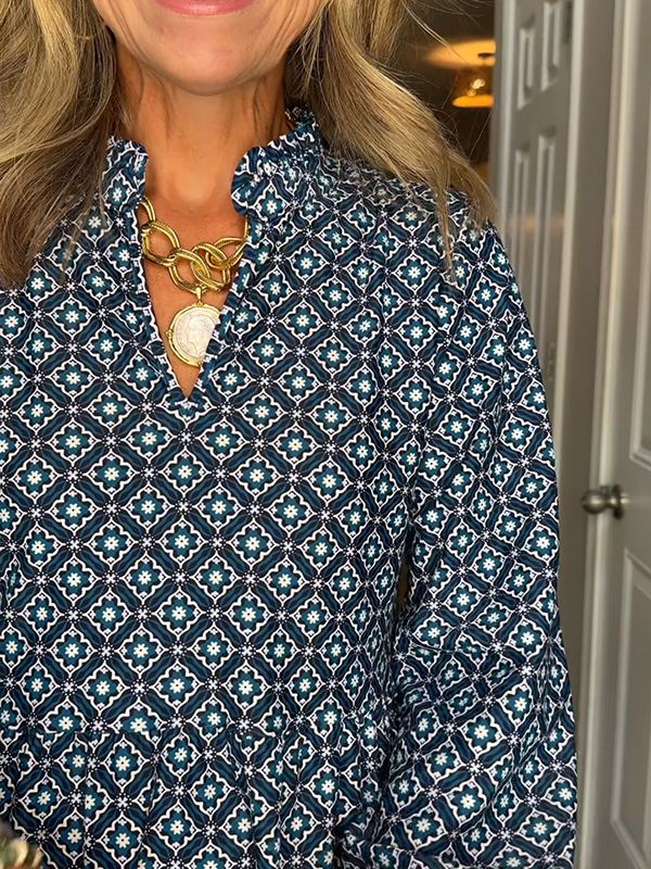 Women's V-Neck Three-Quarter Sleeve Dress with Digital Diamond Print