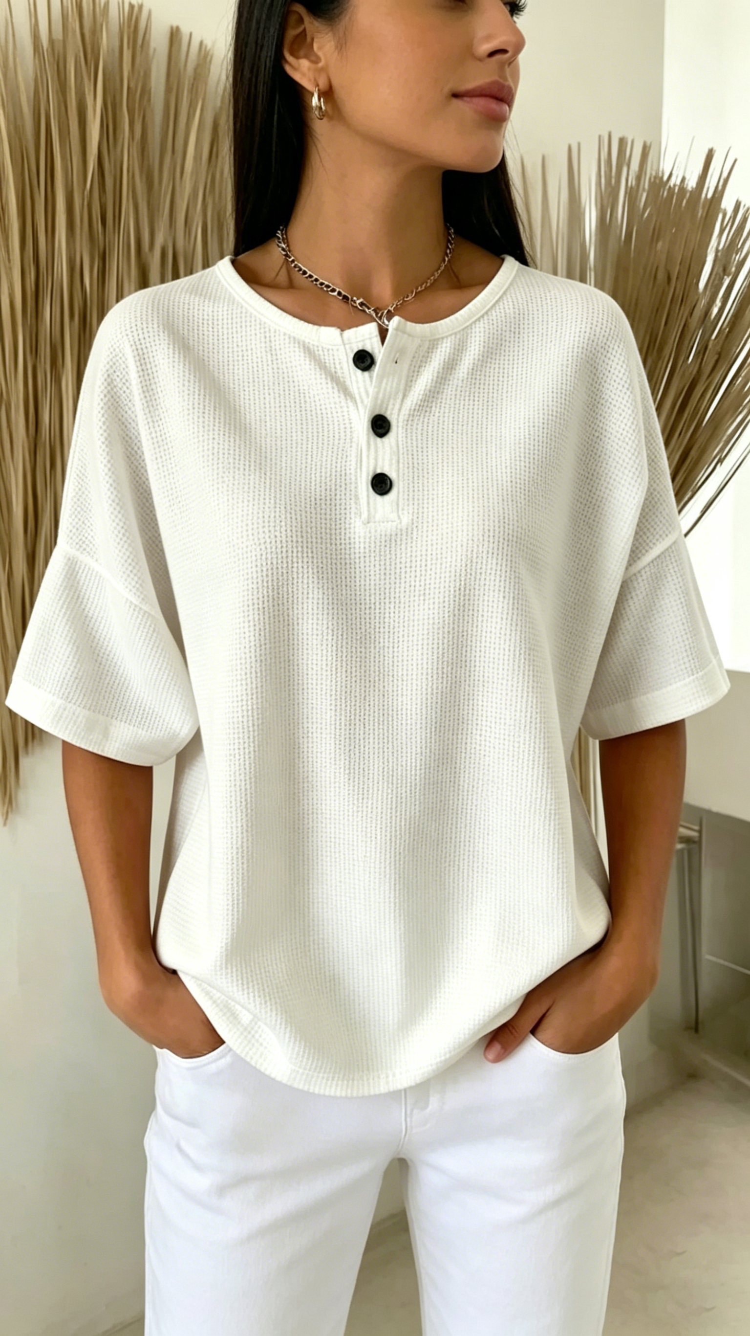 Women's Solid-Color Waffle-Knit Top with Round Neck and Front Placket