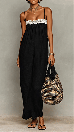 Women's Minimalist Linen-Blend Lace-Paneled Strapless With Spaghetti Straps Maxi Dress
