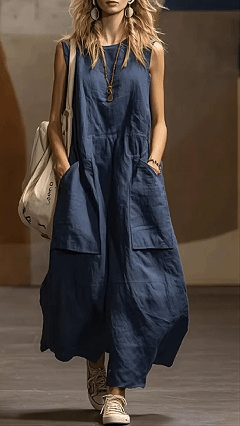 Women's Loose-Fit, Simple, Sleeveless Cotton-Linen Dress with Pockets