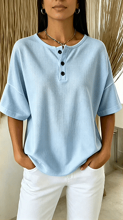 Women's Solid-Color Waffle-Knit Top with Round Neck and Front Placket