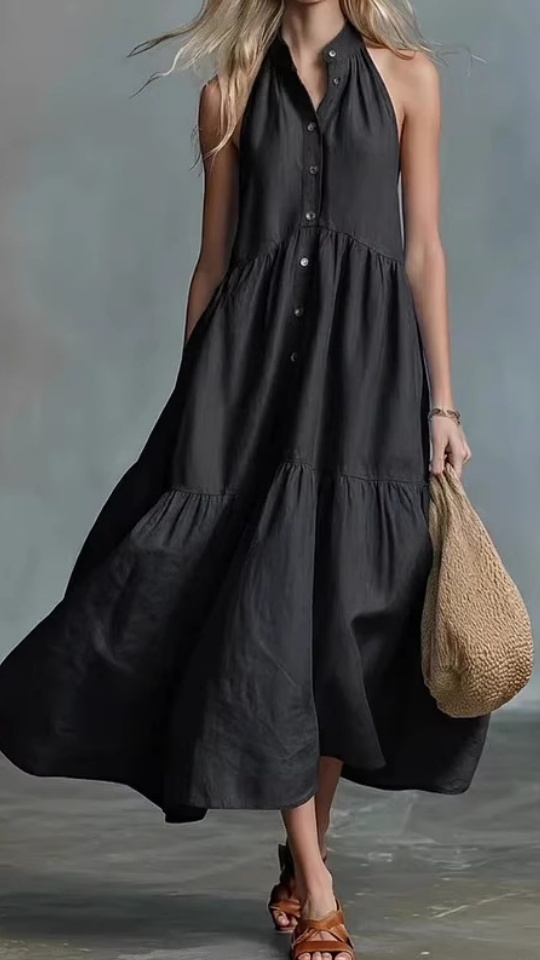 Women's Sleeveless Casual Loose Linen Button-Down Vest Dress