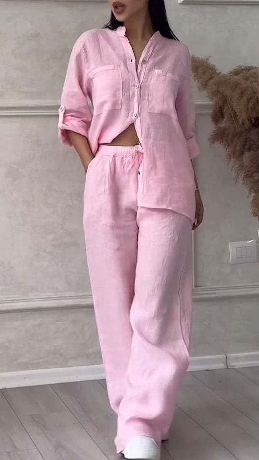 Women's Casual Cotton-Linen Solid-Color Shirt & Drawstring Wide-Leg Pants Two-Piece Set