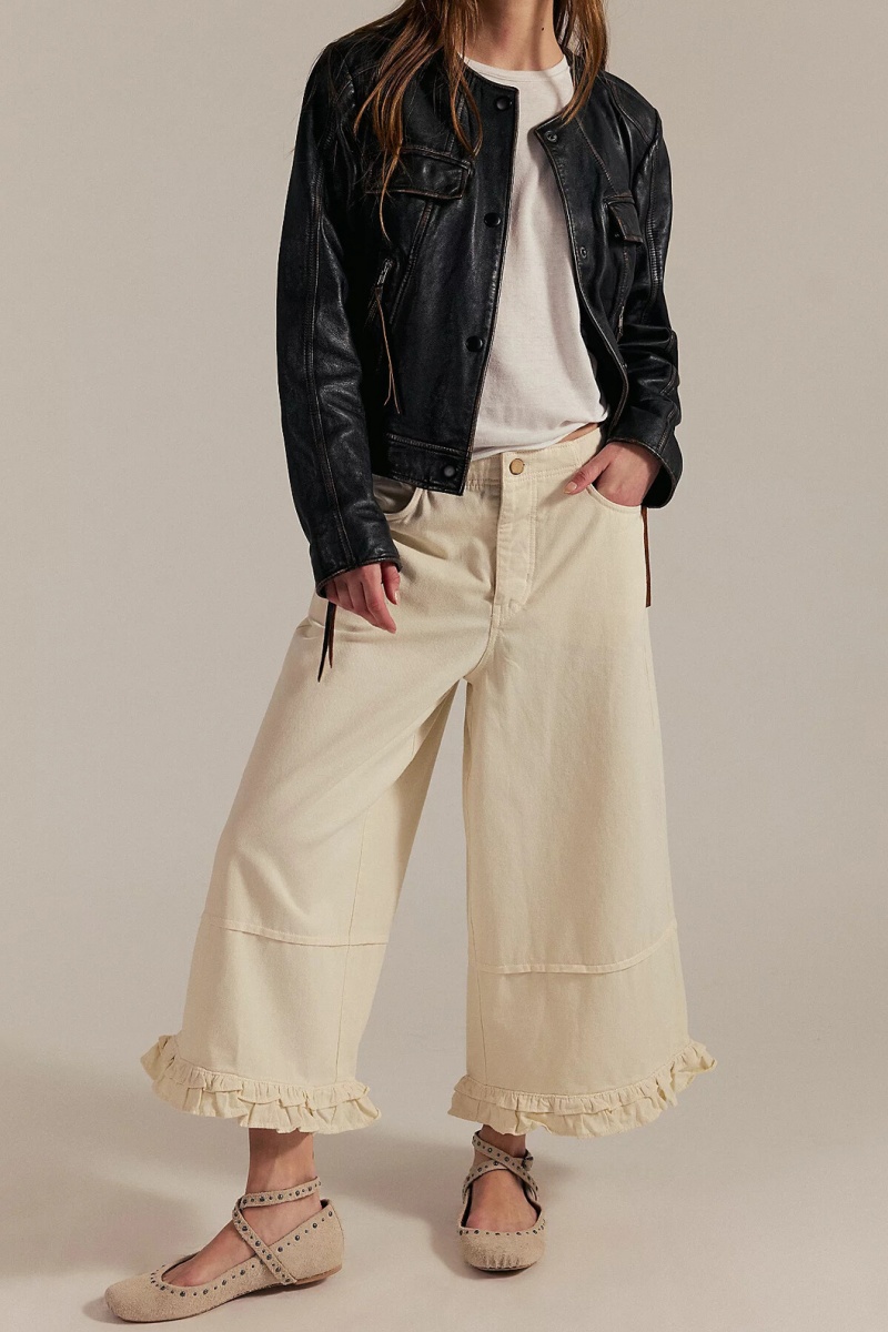 Women's fashionable casual wide-leg cropped jeans with ruffled hem