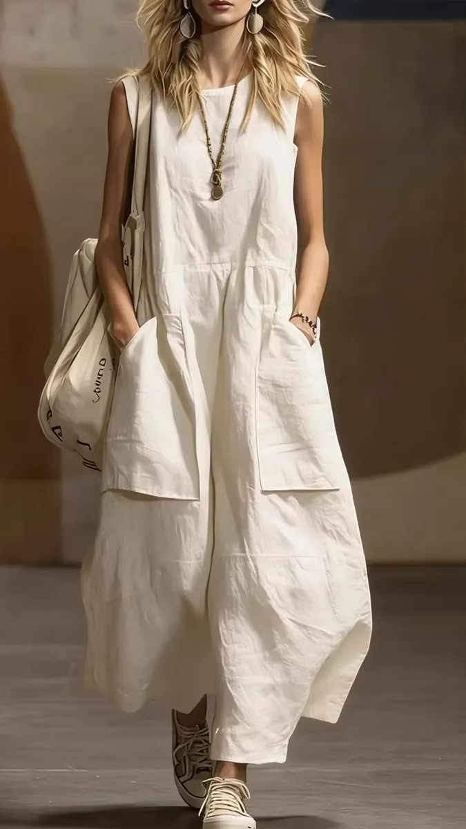 Women's Loose-Fit, Simple, Sleeveless Cotton-Linen Dress with Pockets