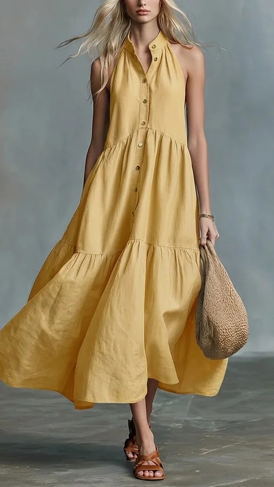 Women's Sleeveless Casual Loose Linen Button-Down Vest Dress