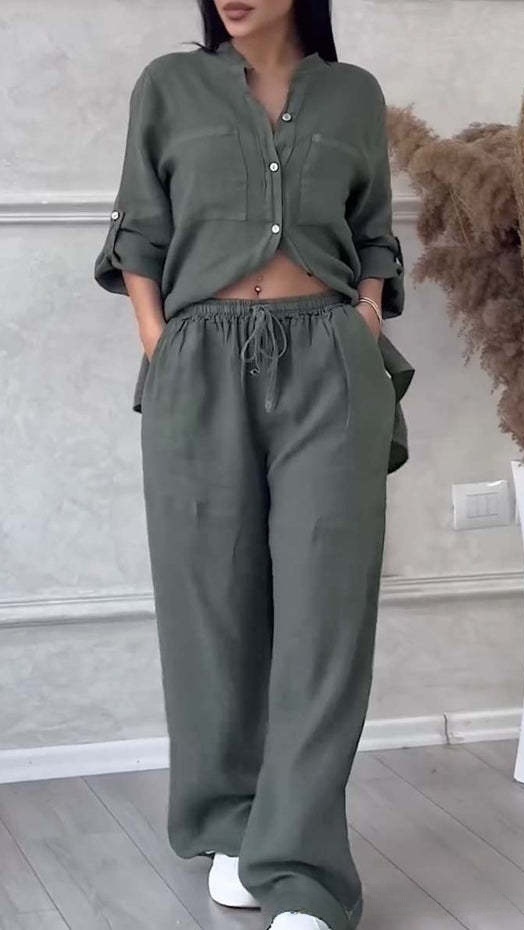 Women's Casual Cotton-Linen Solid-Color Shirt & Drawstring Wide-Leg Pants Two-Piece Set
