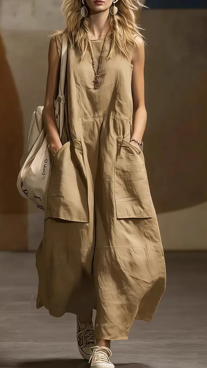 Women's Loose-Fit, Simple, Sleeveless Cotton-Linen Dress with Pockets